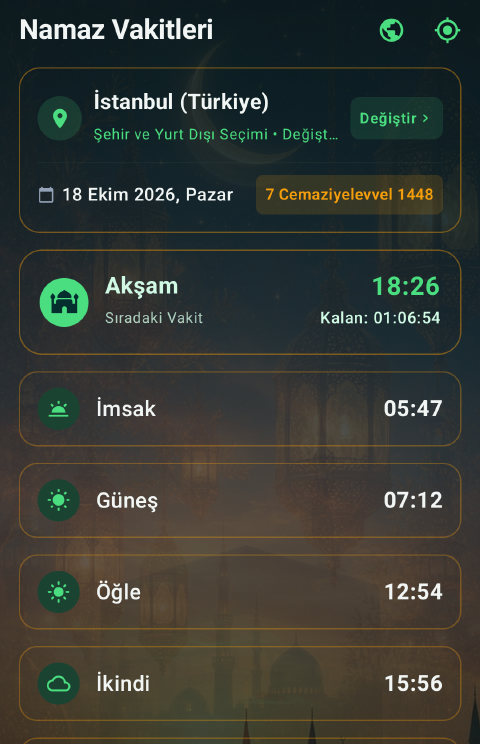 Namaz vakitleri ekranı: konuma göre vakitler ve vakte kalan süre