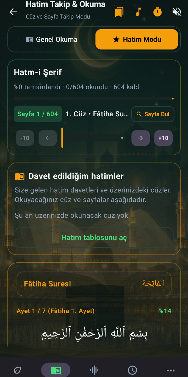 Hatim takibi: Hatm-i Şerif ilerlemesi, kalan sayfa ve davet edildiğin hatimler