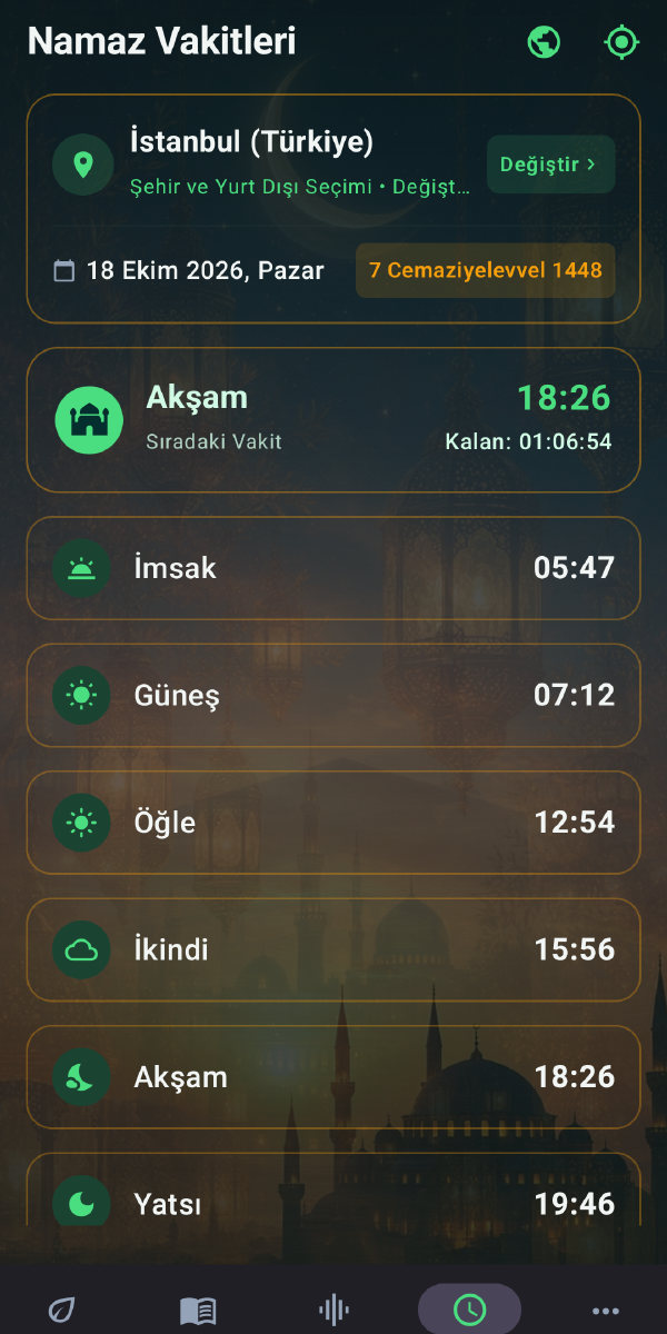 Namaz vakitleri: İstanbul için günün vakitleri, hicri ve miladi tarih, vakte kalan süre